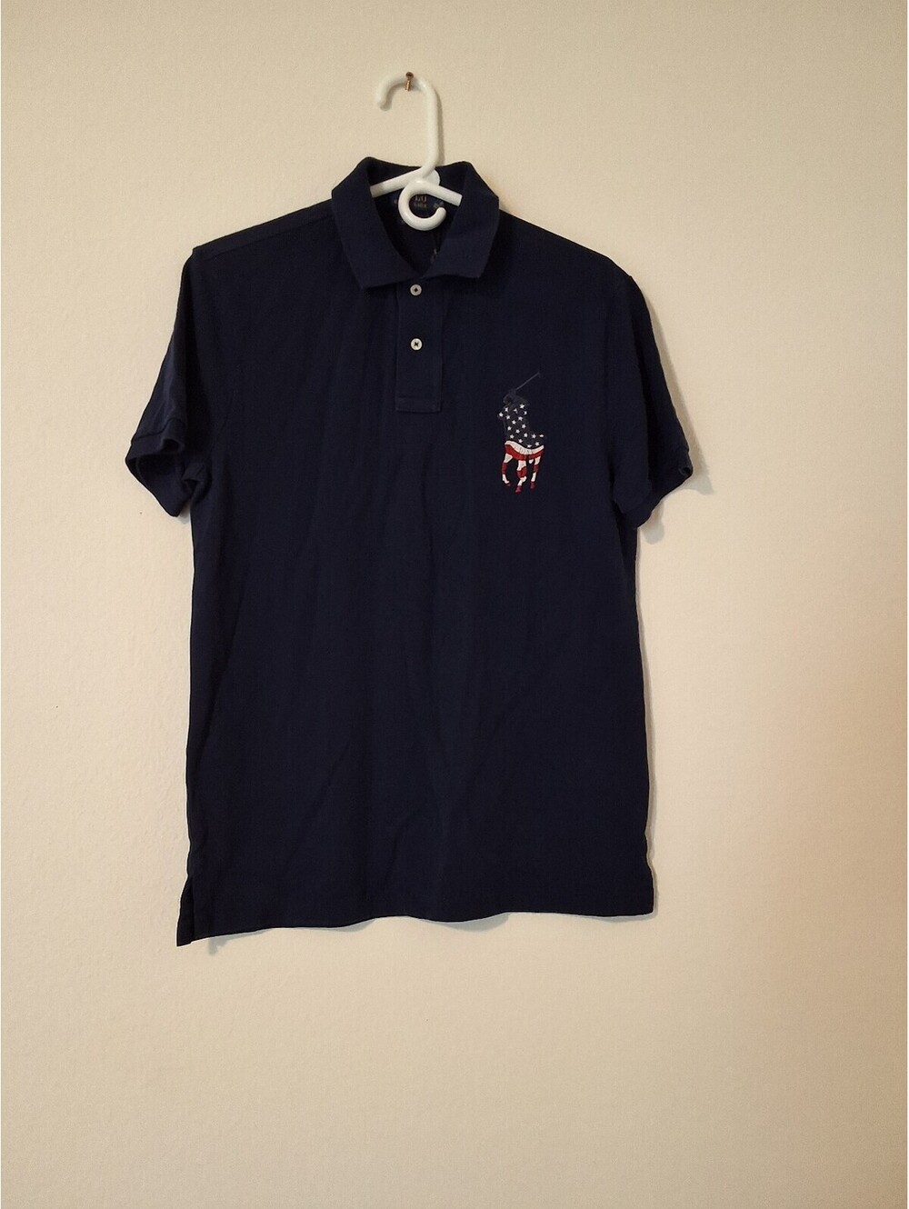 Polo Ralph Lauren Men's Navy Blue Polo Shirt with American Flag Logo